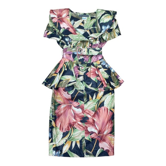 Karen Alexander Dresses & Skirts - Karen Alexander Vintage 80s Tropical Print Peplum Midi Dress Size 10